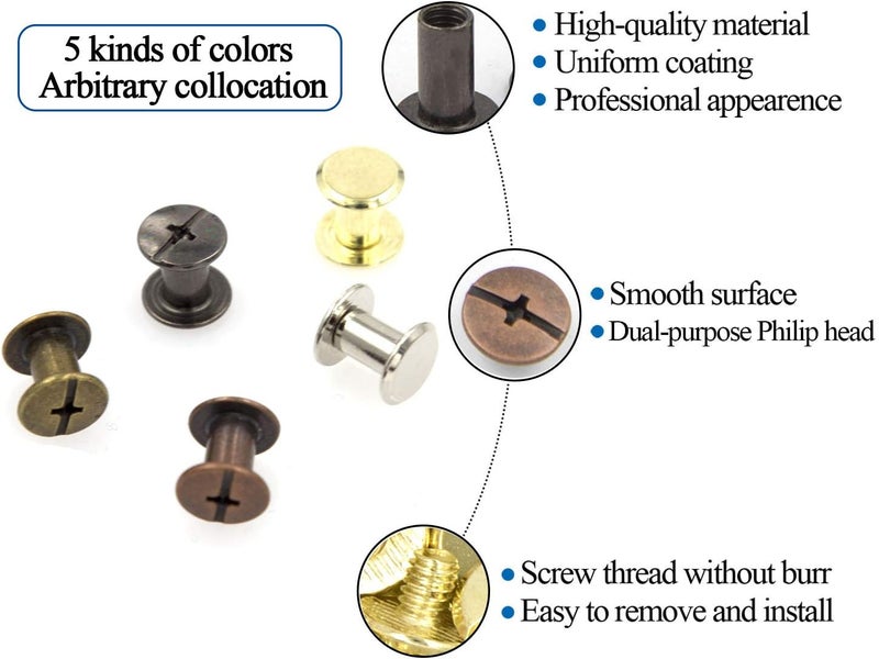 ALLOYPRO 100 Sets Chicago Screws Assorted Kit 5 Color Leather Rivets 5/16”(5x8mm) Screw Rivets Flat Fillister Book Binding Posts Nail Rivet Chicago Bolts for DIY Leather Craft Black Silver Golden Bronze - Image 3
